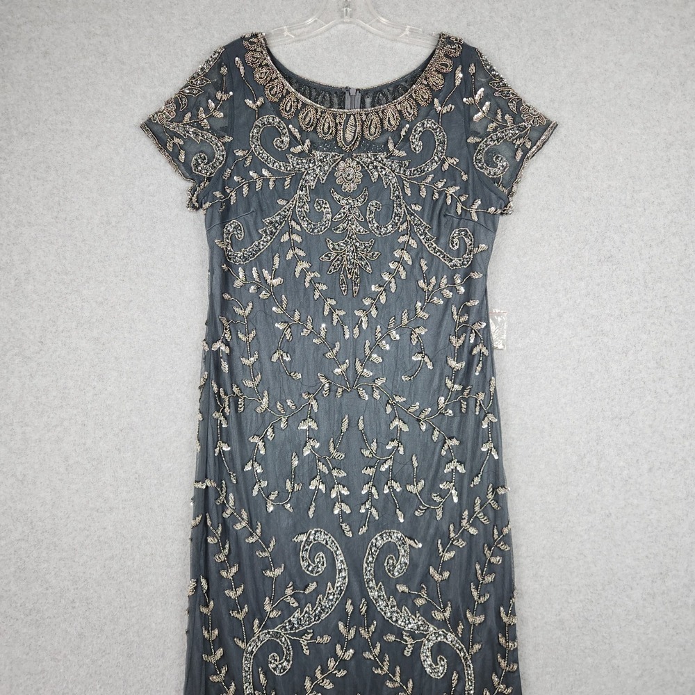 Pizarro Nights Beaded Dress Women 14 Gray Midi Sheer Overlay Art Deco Sleeveless